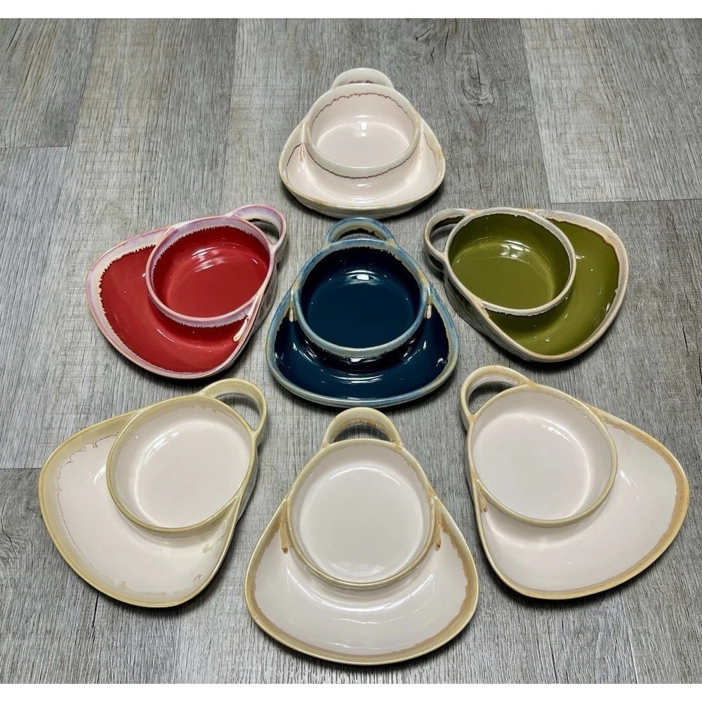 Set Of 7 Rustic Southwest Farmhouse Stoneware Chip & Dip Drip Glazed Ceramic - Picture 5 of 8